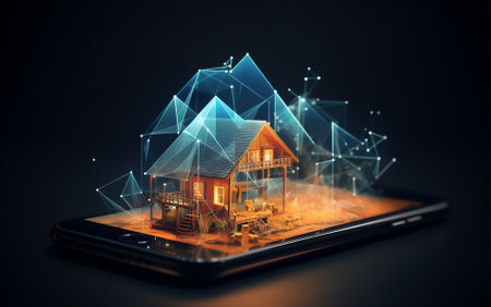 Concept of smart home technology. Electronic wireless app. Screen of a smartphone displays a miniature model of a small house. The use of smart home control. Innovation technology internet Network.の素材