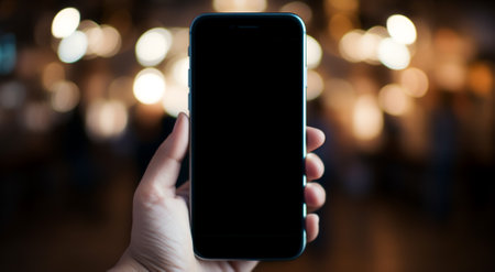 Hand hold smartphone, blank screen. Communication business technology, cyberspace wireless application. Mobile phone device showing empty display with copy space. Frame mockup cellphone gadget.の素材