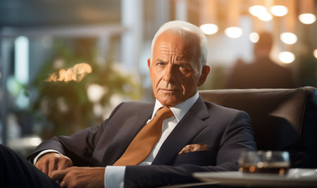 Adult authentic portrait of happy middle aged business man ceo wearing suit in the office. Executive elegance wealth high society mature men adult, handsome people look confidence. Ai generative.の素材