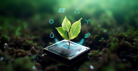 Green leaf plant on circuit. Concept smart farming agriculture technology. Future network of natural environment harvest management. Intelligence garden control application eco system. Ai generative.の素材