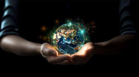 Hands hold globe. Concept of globalisation, green environment, sustainable, nature, ecology, care protection, world energy technology. International worldwide connection innovation. Climate pollution.の素材