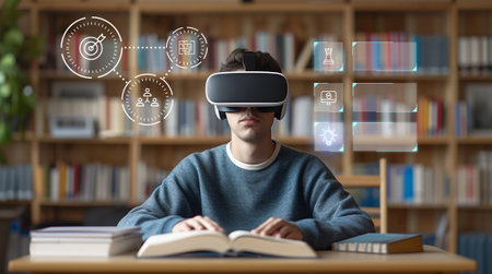 Virtual reality e-learning, vr futuristic education technology. Student use goggles headset to study interactive simulation school. 3d classroom device learning tech. Cyberspace communication. Ai gen.の素材