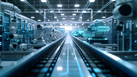 Smart factory, technology automation, futuristic engineer. Innovation manufacturing system. Future machine line industrial equipment, ai robotic, artificial intelligence, automatation. Ai generated.の素材
