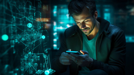 Concept of business technology connection futuristic communication from mobile network. New innovation digital marketing, wireless technology on portable information device. Future tech. Ai Generativeの素材