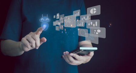 Chatbot,AI Artificial Intelligence. Man chatting with digital assistant bot on mobilephone,digital communication technology. Future of business smart app service, online messaging, innovation network.の写真素材