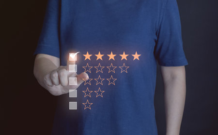 Satisfaction guarantee, Client give 5 stars rating review. Excellent, best performance feedback. Customer engagement with positive emotion. Product ranking excellence choice, perfection survey check.の写真素材