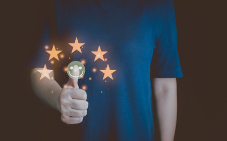 Satisfaction guarantee, Client give 5 stars rating review. Excellent, best performance feedback. Customer engagement with positive emotion. Product ranking excellence choice, perfection survey check.の写真素材