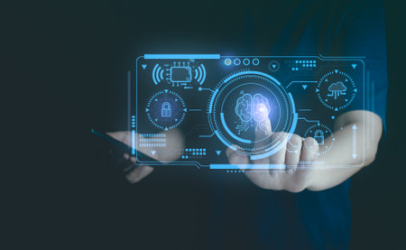 Ai, artificial intelligence technology, digital transormation. Businessman hold ai icon on hand. Concept of automation, machine learning, modern interface, network connection, cyberspace system.の写真素材