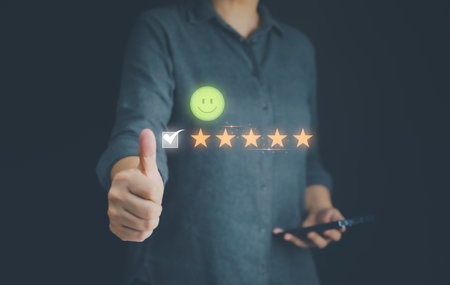 Satisfaction guarantee, customer give 5 stars rating, review positive feedback, best service. Concept of survey, vote score, opinion, customer questionnaire, perfection selection choice, best feedbackの写真素材