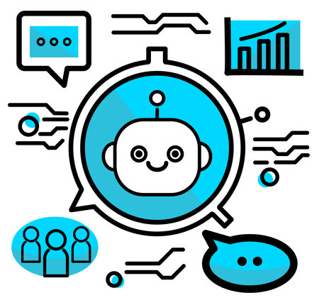 Chatbot ai robot assistance, speech bubble message communication icon. Chatting dialogue flat design. Smart assistant artificial intelligence technology, online messaging help support symbol.のイラスト素材