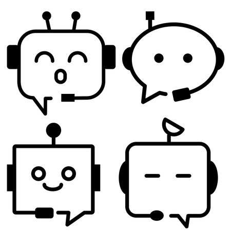 Chatbot ai robot assistance, speech bubble message communication icon. Chatting dialogue flat design. Smart assistant artificial intelligence technology, online messaging help support symbol.のイラスト素材