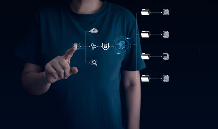 Concept of document management system (DMS) in business technology of documentation information, digital file database security storage, corporate folder online access software, cloud connection.の写真素材
