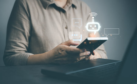 Explore the future of business with AI, machine learning, and smart technology. Innovation in cyberspace, digital communication, and online services, from chatbots to data security, connections.の写真素材