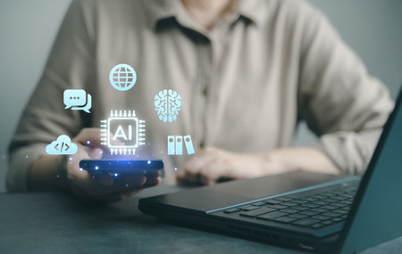 Explore the future of business with AI, machine learning, and smart technology. Innovation in cyberspace, digital communication, and online services, from chatbots to data security, connections.の写真素材