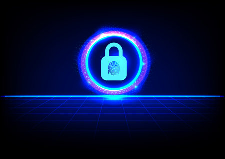 Futuristic cyber security background with padlock and glowing neon lights. Vector illustrationのイラスト素材