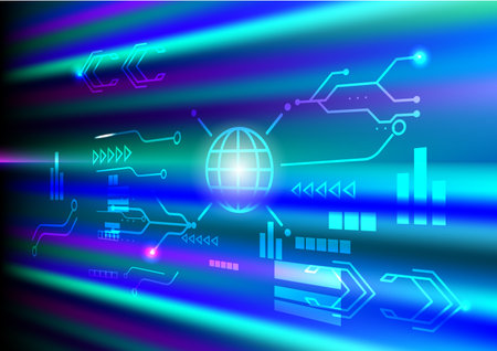 Technology abstract background. Concept of futuristic neon glowing digital vector, speed light lasec wallpaper, science poster, cyberspace, shint grid ray dynamic gradient effect, colorful geometric.のイラスト素材