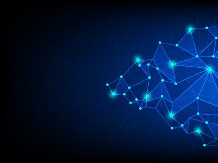 Futuristic Low Poly Abstract Background with Blue Polygonal Geometric Shapes and Gradient Mesh Pattern. Modern Digital Design for Wallpaper or Banner.のイラスト素材