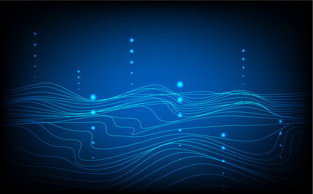 Abstract digital background with flowing curved lines, glowing wave patterns, and gradient neon colors, perfect for modern technology concept, elegant line art, minimal wallpaper, and futuristic vector design templates.のイラスト素材