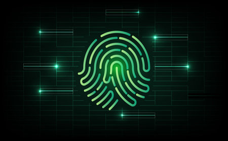 Futuristic fingerprint authentication system background with biometric scan pattern, digital identity access, cyber security interface, and abstract technology design for encryption, privacy.のイラスト素材