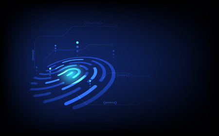 Futuristic fingerprint authentication system background with biometric scan pattern, digital identity access, cyber security interface, and abstract technology design for encryption, privacy.のイラスト素材