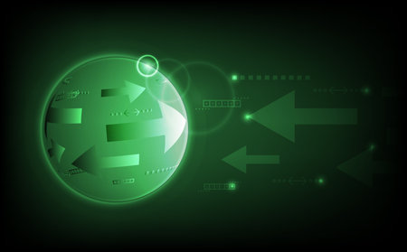 Upward arrow over digital globe background representing global business growth, financial success, market strategy, and economic progress in abstract vector design for international investment.のイラスト素材