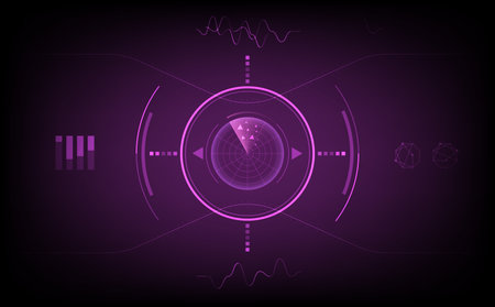 Futuristic digital radar interface with glowing circular scan pattern, abstract blue background, motion signal visualization, and modern tech design for navigation, security monitoring, detection.のイラスト素材
