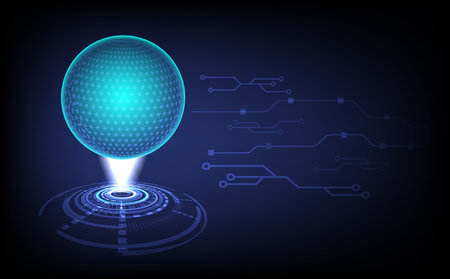 Futuristic global communication network with digital sphere, abstract blue background, internet connectivity lines, and cyberspace design representing modern business, technology, innovation systems.のイラスト素材