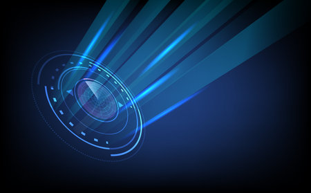 Futuristic digital radar interface with glowing circular scan pattern, abstract blue background, motion signal visualization, and modern tech design for navigation, security monitoring, detection.のイラスト素材