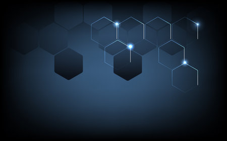 Futuristic hexagon technology background with glowing digital light effect, abstract blue dark design for innovation, science, data, hi-tech or cybersecurity presentationのイラスト素材