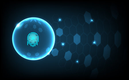 Futuristic digital fingerprint scan interface with glowing biometric security elements and hexagonal cyber background for identity authentication, privacy protection, and access controlのイラスト素材