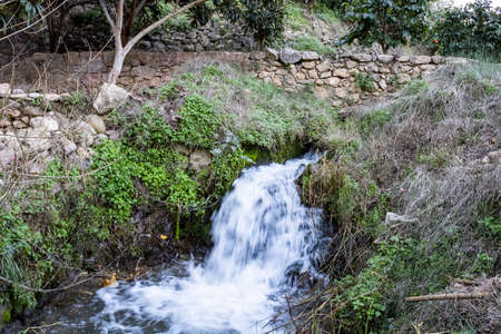 Small waterfall surrounded by vegetation in long exposure