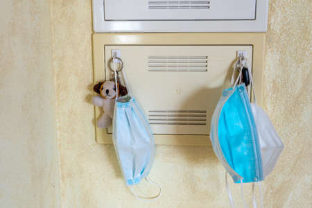 Medical mask hung with keys for the routine of daily use due to the coronavirus