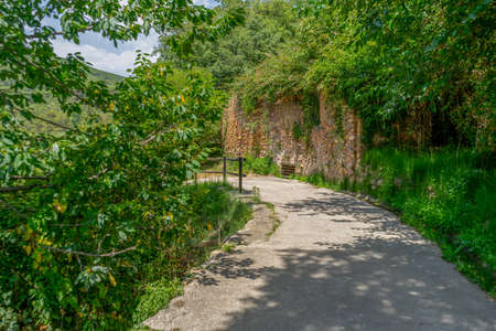 View of a nice country road with a stone wall, a wooden railing and lots of greenery. Tranquility...