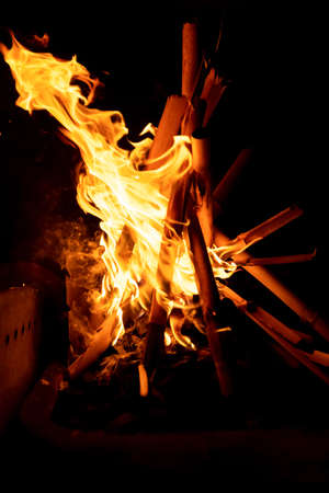 Beautiful formation of fire created by burning some dry reeds forming spectacular and bright flames...