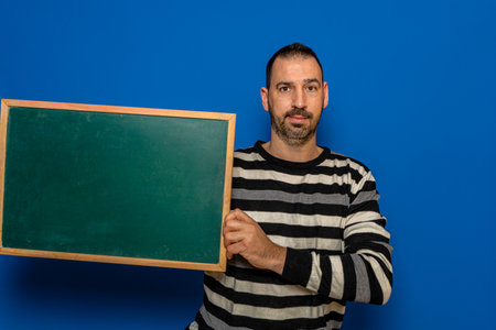 Welcome on board. one men advertisement blackboard. celebrate start up business isolated on blue...