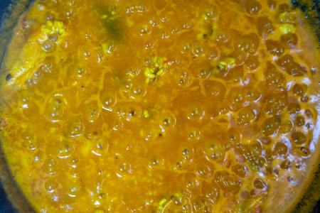 Top view of the cooking process of rice for a typical Spanish seafood paella, traditional healthy food. Mediterranean diet concept.の写真素材