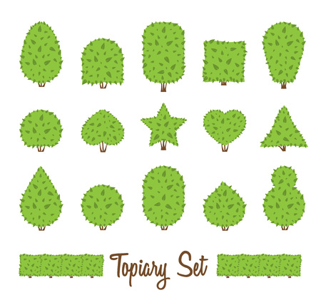 Topiary set. Different basic shape of bushes, trees. Green multiform shrubs. Heart drop circle egg star shrub. Landscape design, gardening, park, game. Simple forms. Vector bushes on white background.のイラスト素材