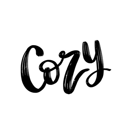 Cozy text. Single word. Printable graphic tee. Design for print. Vector illustration. Black and white. Cartoon style.のイラスト素材
