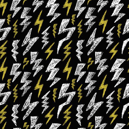 Hand drawn Lightning bolt seamless pattern. Black and white, yellow. Monochrome. Fashion design texture for textile. Vector illustration. Sketch styleのイラスト素材