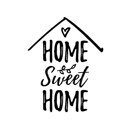 Home sweet home. Typography cozy design for print to poster, t shirt, banner, card, textile. Calligraphic quote Vector illustration. Black text on white background. House shapeのイラスト素材