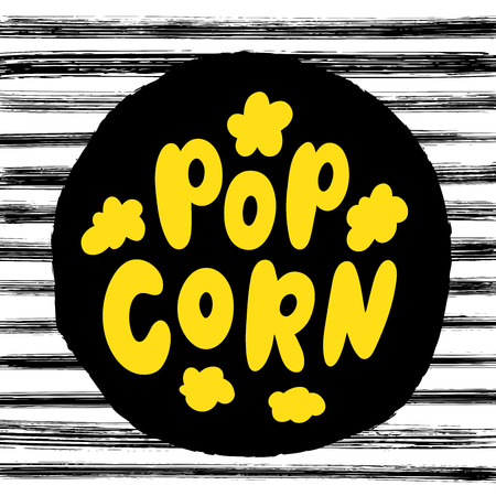 Popcorn text label with popping. Hand drawn typography sign. Black and white logo. Vector illustration. Graphic Design for print on pack, packaging, tee t shirt, poster, banner, flyer card.のイラスト素材