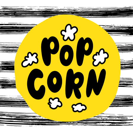 Popcorn text label with popping. Hand drawn typography sign. Black yellow and white logo. Vector illustration. Graphic Design for print on pack, packaging, tee t shirt, poster, banner, flyer card.のイラスト素材