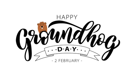 Happy Groundhog Day. Hand drawn lettering text with cute groundhog. 2 February. Vector illustration. Script. Calligraphic design for print greetings card, banner, poster. Colorfulのイラスト素材