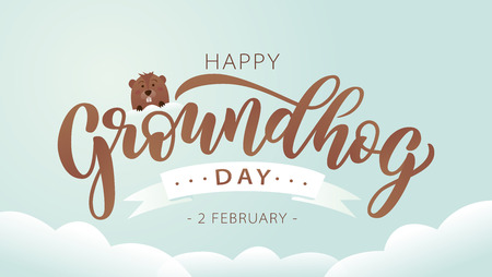 Happy Groundhog Day. Hand drawn lettering text with cute groundhog. 2 February. Vector illustration. Script. Calligraphic design for print greetings card, banner, poster. Colorfulのイラスト素材