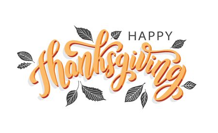 Happy thanksgiving day with autumn leaves. Hand drawn text lettering for Thanksgiving Day. Vector illustration. Script. Calligraphic design for print greetings card, shirt, banner, poster. Colorfulのイラスト素材