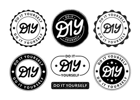 DIY do it yourself. Lettering abbreviation circle stamp set. Vector illustration. Round Template for print design label, badge rubber seal stamp on white background. Black colorのイラスト素材