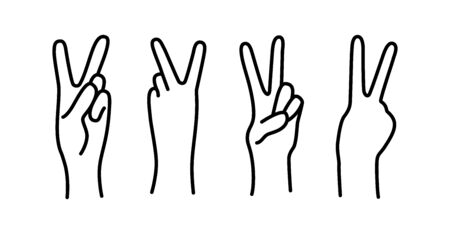 Peace sign. Victory sign. Hand gesture The V symbol of peace. Korean finger symbol for victory. Vector illustration on white background. Hand drawn design for print greeting cards, banner, posterのイラスト素材