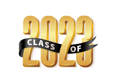Class of 2023 Graduate Gold Lettering Graduation 3d logo with black ribbon. Template for graduation...