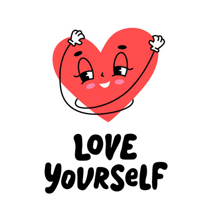 Love yourself quote. Self-care Single word. Text love yourself Care. Happy heart hugging self on white background. Design print for t shirt, tee, label, sticker, greeting card. Vector illustrationのイラスト素材
