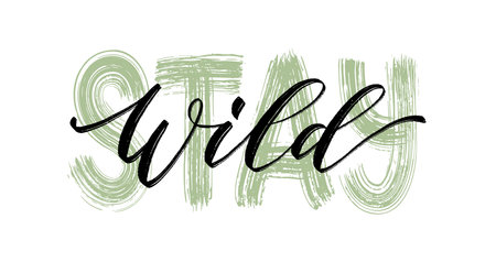STAY WILD. Calligraphy text stay wild. Motivation Quote. Black word on white background. Vector illustration. Inspirational design for print on tee, shirt, card, banner, poster, hoody.のイラスト素材